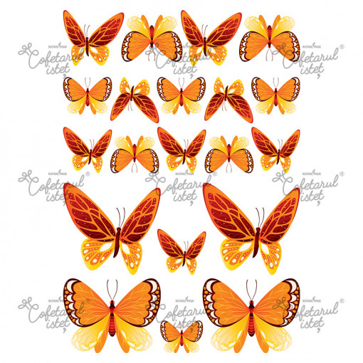 Printed Sugar Paste Butterflies Model 2 Orange, 20 Decorations Ø 2.5 - 8 cm, A4 - Confectioner Istet
