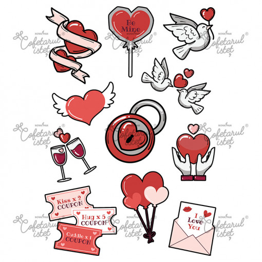 Printed Sugar Paste Valentine's Day Model 4, 11 Decorations Ø 6 - 8 cm, A4 - Confectioner Istet
