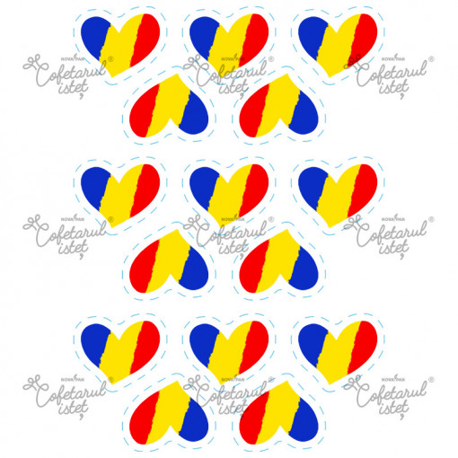 Sugar Paste printed Decor National Model 10, Tricolour Hearts 15 Decorations Ø 6 cm, A4 - Confectioner Istet