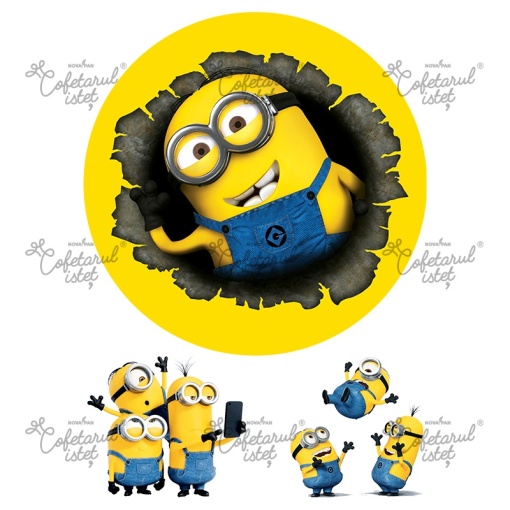 Захарна паста с печат Minioni Minioni Model 4, Ø 20 cm и 2 декорации 8 cm, A4 - Сладкарски изделия