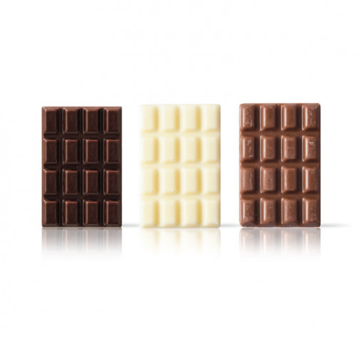 Mini étcsokoládé tábla, tejes és dupla fehér csokoládéval, 4,5x3 cm, 790 gr, 230 db