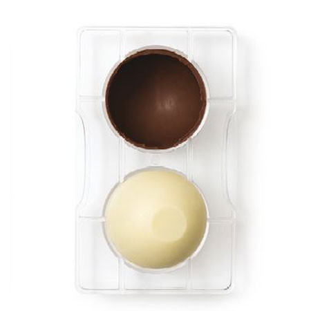 Polikarbonát csokoládéforma, félgömbök, R7.5cm-es alappal, 2 üreggel, 20x12xH2cm