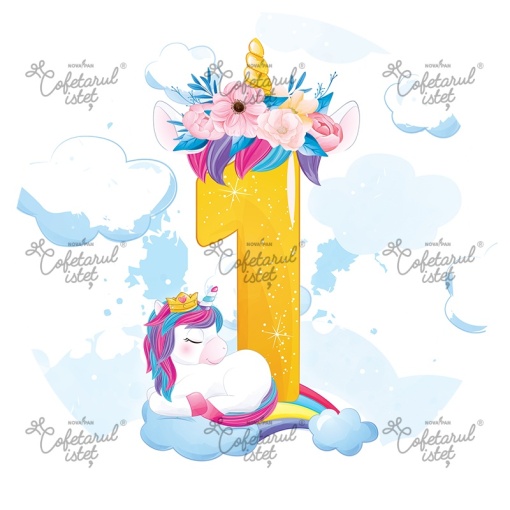 Printed Sugar Paste Anniversary 1 Year Unicorn Model 3, Ø 20 cm - Confectionary Istet