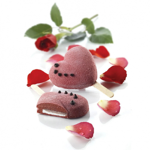 Силиконова кутийка за сладолед Mini Heart GEL03M, 3 кухини x 6,7 x 5,5 x H 1,8 cm, 45 ml, 50 пръчици
