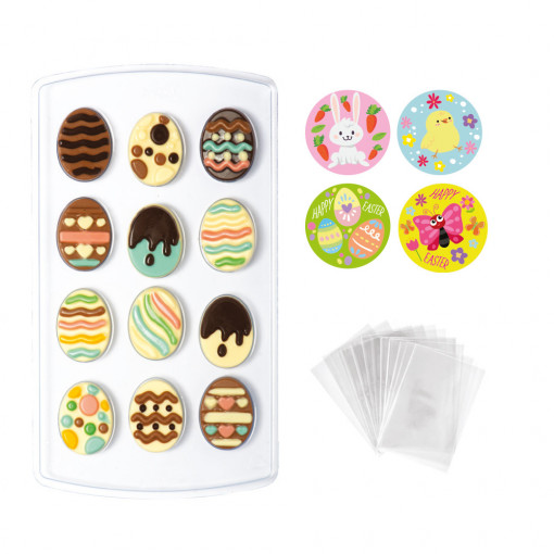 Praline / Decoruri Ciocolata, Oua Paste Ø 1.5 x H 2.6 cm - Set Matrita Plastic si Accesorii Ambalare