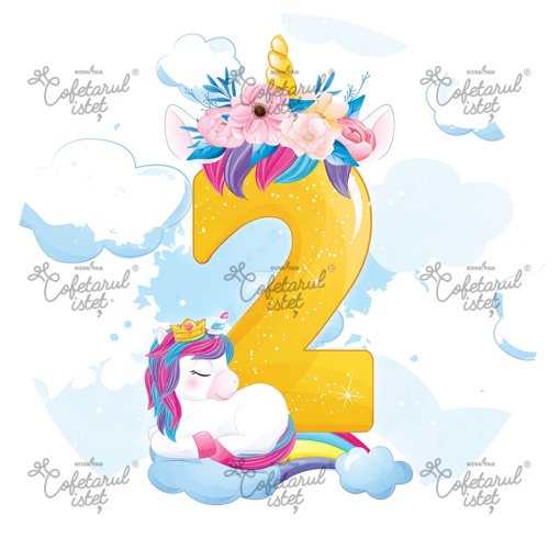 Printed Sugar Paste Anniversary 2 Years Unicorn Model 3, Ø 20 cm - Cofetarul Istet