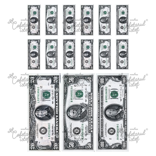 Printed Sugar Paste Diverse Model 4, Dollar Banknotes 15 Decorations Ø 6 - 15 cm, A4 - Confectioner Istet