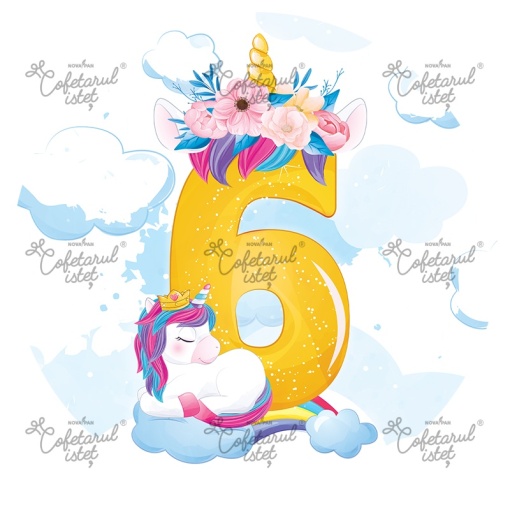 Printed Wafer Anniversary 6 Years Unicorn Model 8, Ø 20 cm - Confectioner Istet