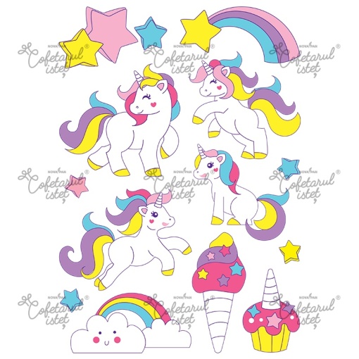 Unicorn printed wafer, 14 decorations 2 - 11 cm, A4 - Confectioner Istet