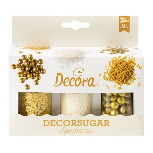 Декор Sugar Decor Смесени бели и златни пръски Ø 2 - 10 мм, 85 гр.