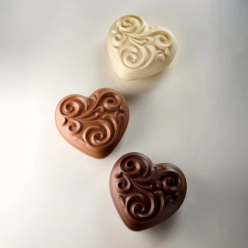 Barokk 3D szív, 15 x 15 x H 6,5 cm, Matrite műanyag szett 2 tárgy Csokoládé