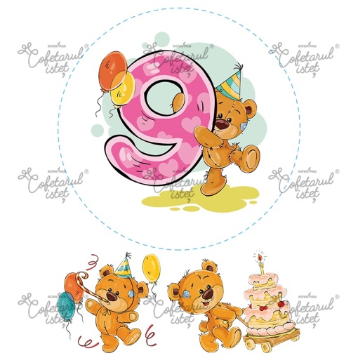 Nyomtatott cukormassza 9 éves évforduló, Ø 20 cm és 2 db Ø 10 és 11,5 cm-es díszítés, A4 - Cukrászda Istet