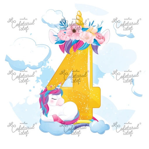 Printed Sugar Paste Anniversary 4 Years Unicorn Model 3, Ø 20 cm - Cofetarul Istet