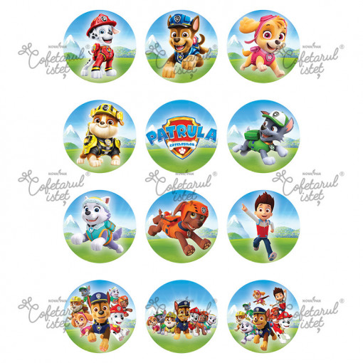 Printed wafer Puppy Patrol Model 1, 12 decorations Ø 6 cm, A4 - Confectioner Istet