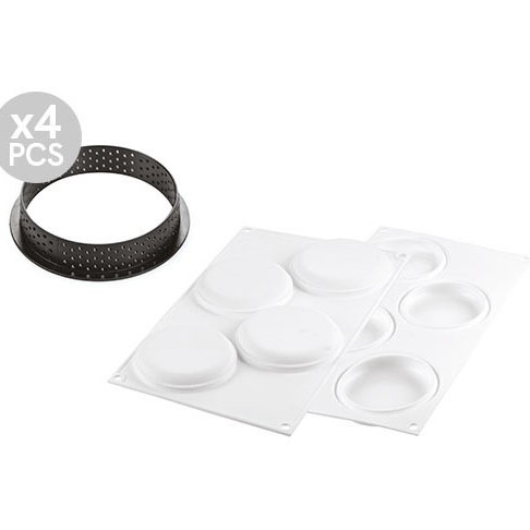 Set Tarte Ø 10 cm, 4 Rame Microforate + Forma Silicon 4 cavitati