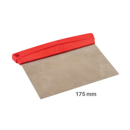 Stainless steel scraper with red plastic handle, W 17.5 x H 19 cm