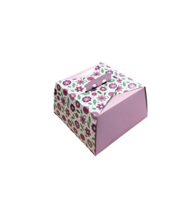 Négyzet alakú desszert / torta doboz, karton virágos design 24 x 24 x H 13,5 cm