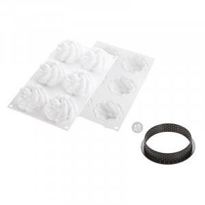 Set Tarte Ø 8 cm Floare, 6 Rame Microforate + Forma Silicon 6 Cavitati - Img 2