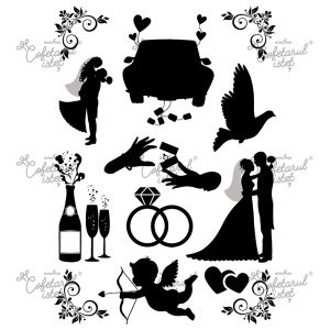 Printed Sugar Paste Silhouettes Wedding Model 2, 12 Decorations 4 - 12 cm, A4 - Confectioner Istet