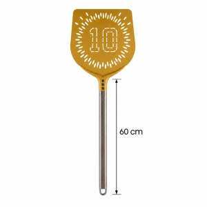 Lopata Pizza Model 10 Auriu Profesional Patrat Perforat, Aluminiu Anodizat 33x33 cm, Maner 60 cm Maro