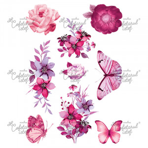 Printed Sugar Paste Flowers and Butterflies Model 1, 9 Decorations Ø 5 - 15 cm, A4 - Confectioner Istet
