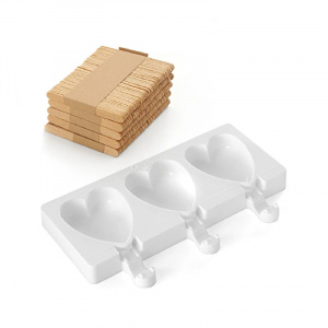 Силиконова кутийка за сладолед Mini Heart GEL03M, 3 кухини x 6,7 x 5,5 x H 1,8 cm, 45 ml, 50 пръчици - Img 2