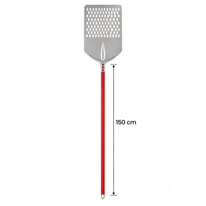 Lopata Pizza Tulip Profesional Alungit Perforat, Aluminiu Anodizat 24X60 cm, Maner 150 cm Rosu