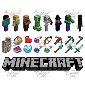 Pasta Zahar imprimata Minecraft Model 2, 24 Decoruri 3 - 28 cm, A4 - Cofetarul Istet
