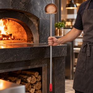Vatra Round Pizza Oven Brush, Ø 19 cm with Brass Bristles, 150 cm Red Stainless Steel Handle - Img 2