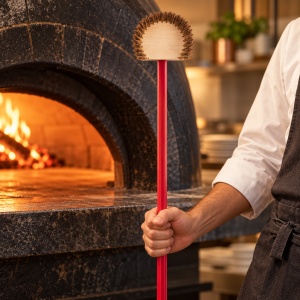 Vatra Round Pizza Oven Brush, Ø 19 cm, with Brass Bristles and Scraper, 180 cm Red Aluminium Handle - Img 2