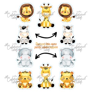 Pasta Zahar imprimata Baby Jungle Model 3, 5 Decoruri fata-verso Topper Ø 1 - 8 cm, A4 - Cofetarul Istet