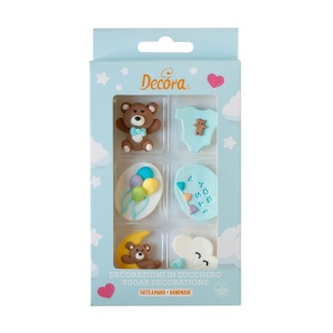 Sugar Decor - Baby Boy (Cloud, Moon, Teddy Bear, Balloons, Body, Message) 3-4 cm, 6 patterns, 6 pcs - Img 1