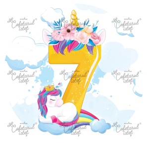 Printed Wafer Anniversary 7 Years Unicorn Model 9, Ø 20 cm - Confectioner Istet