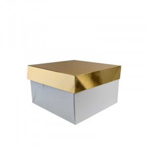 Square Dessert / Cake Tin, White Cardboard / Gold Lid, 24 x 24 x H 15 cm