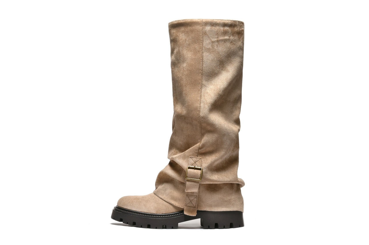 LX562581TAP - Ženske visoke bež čizme sa nitnama – Trend Icon