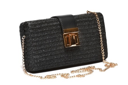 T032665BLK – Crna pletena rafija clutch torbica sa metalnim detaljem - Img 2