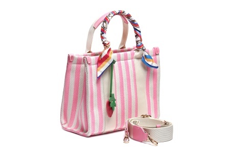 T012639PNK – Roze mini tekstilna torba na prugice sa maramom i jagodica priveskom - Img 2