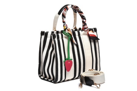 T012639BLK – Crna mini tekstilna torba na prugice sa maramom i jagodica priveskom - Img 2