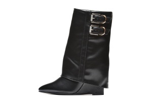 LH562558BLK-PU - Ženske crne čizme Shark Lock stila sa dvostrukim kaišićima