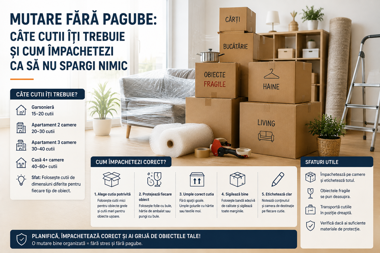 Mutare fara pagube: cate cutii iti trebuie si cum impachetezi ca sa nu spargi nimic