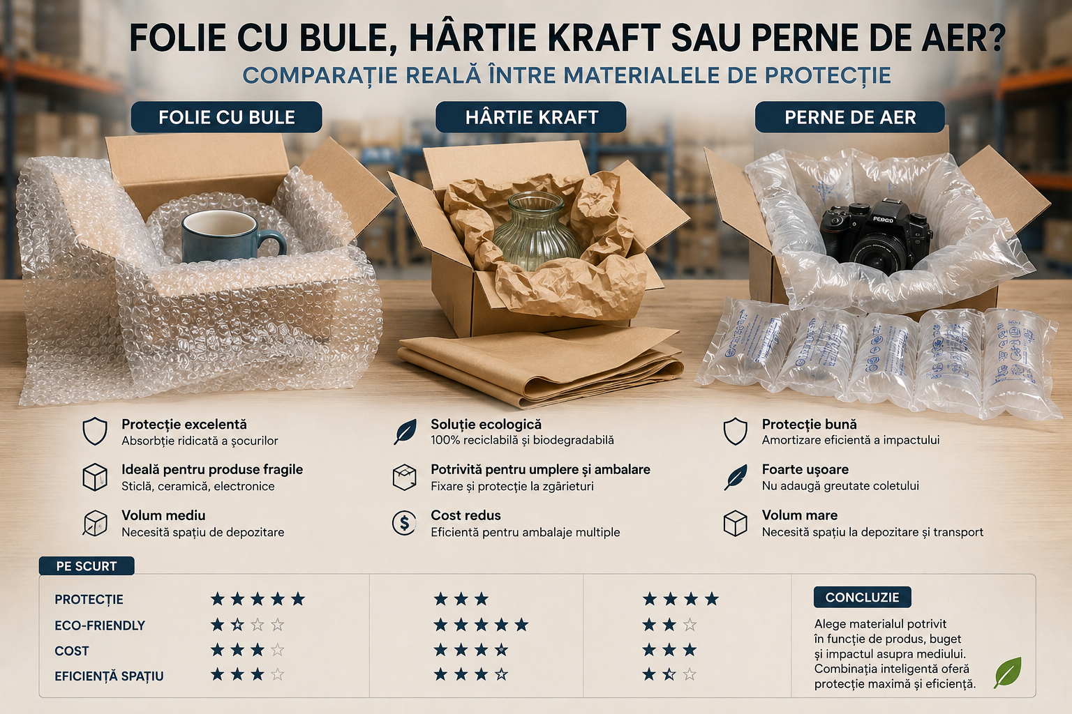 Folie cu bule, hartie kraft sau perne de aer? Comparatie reala intre materialele de protectie