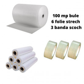 Pachet folie cu bule 100 mp + 3 role scotch + 6 Stretch 2 kg, folie de 60 microni - 2 straturi