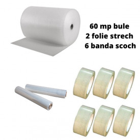 Pachet folie cu bule 60 mp + 6 role scotch + 2 Stretch , folie de 60 microni - 2 straturi