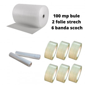Pachet folie cu bule 100 mp + 6 role scotch + 2 Stretch , folie de 60 microni - 2 straturi
