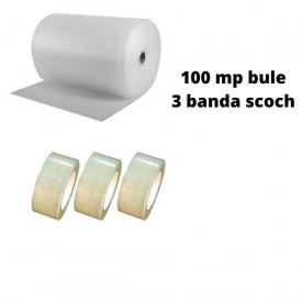 Pachet folie cu bule 100 mp + 3 role scotch, folie de 90 microni - 3 straturi