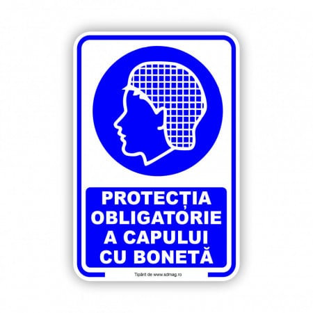 A176 Semn indicator, (protectia obligatorie a capului cu boneta), Tabla Aluminiu, Autocolant sau PVC