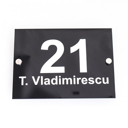 Placa Stradala Nr Casa si Strada, 20x15cm, dreptunghi, Negru lucios cu text alb + Distantiere montaj - Img 2