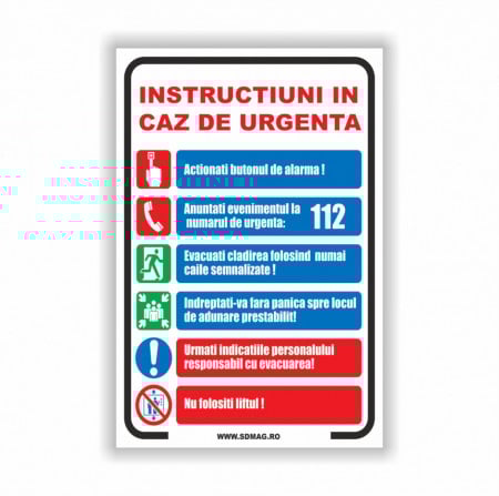M101 Semn indicator, (instructiuni in caz de urgenta),Tabla Aluminiu, Autocolant sau PVC