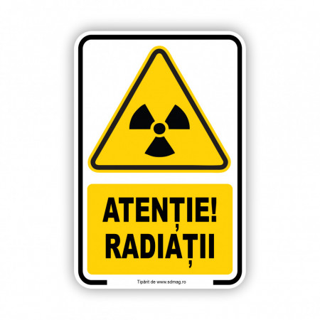 G129 Semn indicator, (atentie radiatii ), Tabla Aluminiu, Autocolant sau PVC