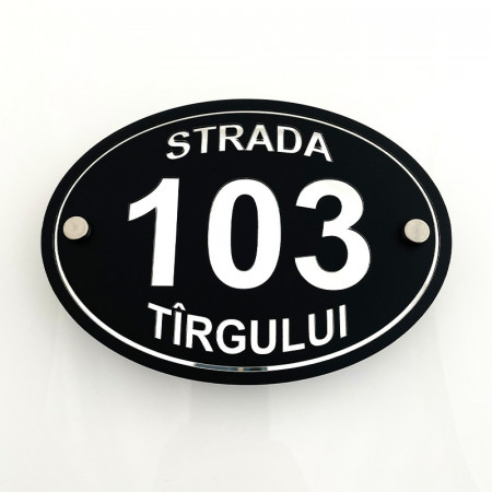 Placa Stradala Nr Casa si Strada, 20x15cm, Text efect Oglinda + Distantiere montaj